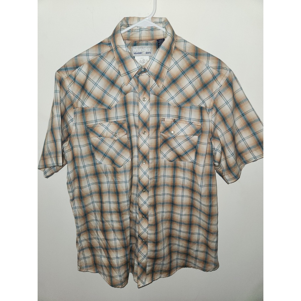 Wrangler Western Pearl Snap Shirt Men's Large Tan Blue Plaid Lightweight Summer